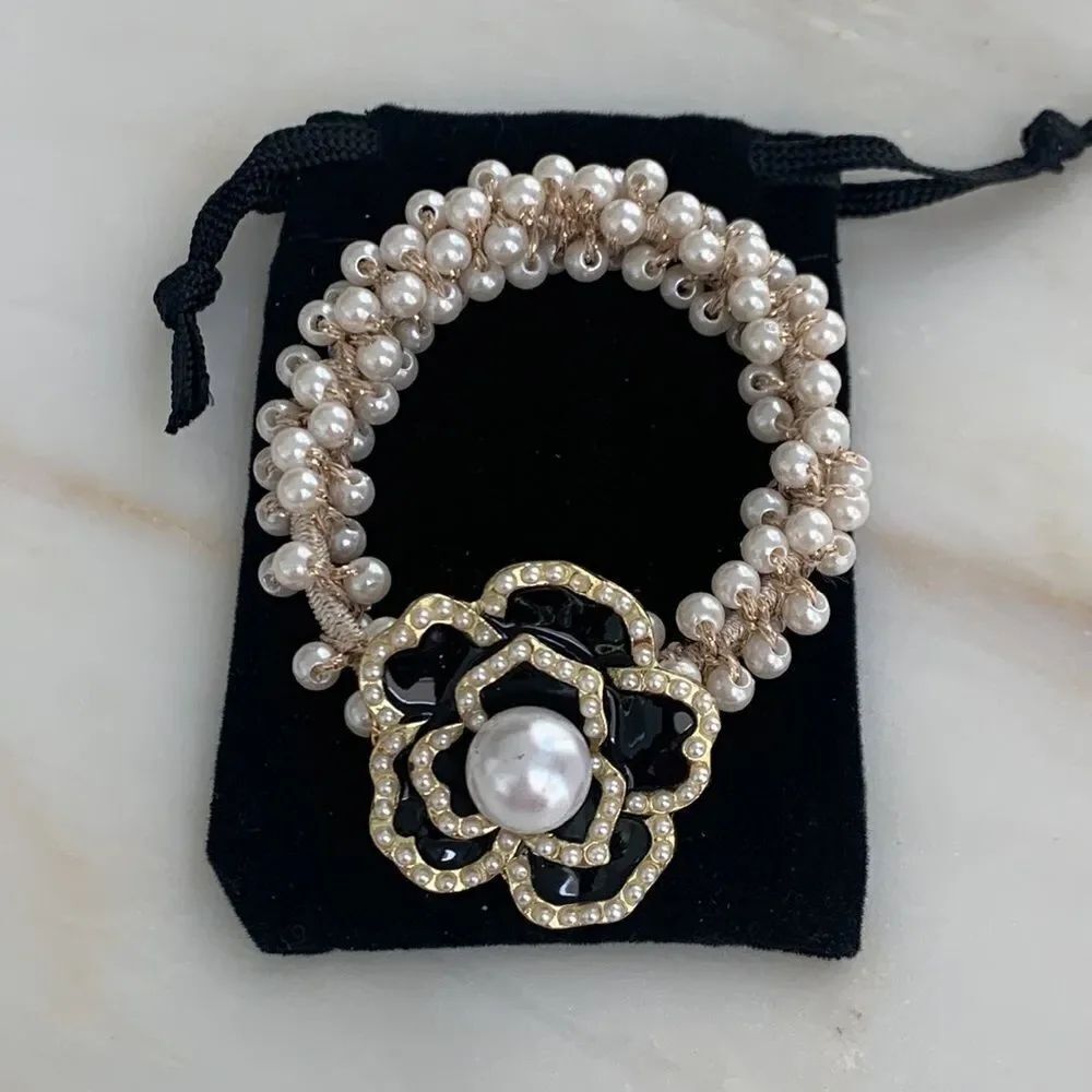 Camellia Flower Hair Tie with Faux Pearls – Black Enamel & Golden Charm